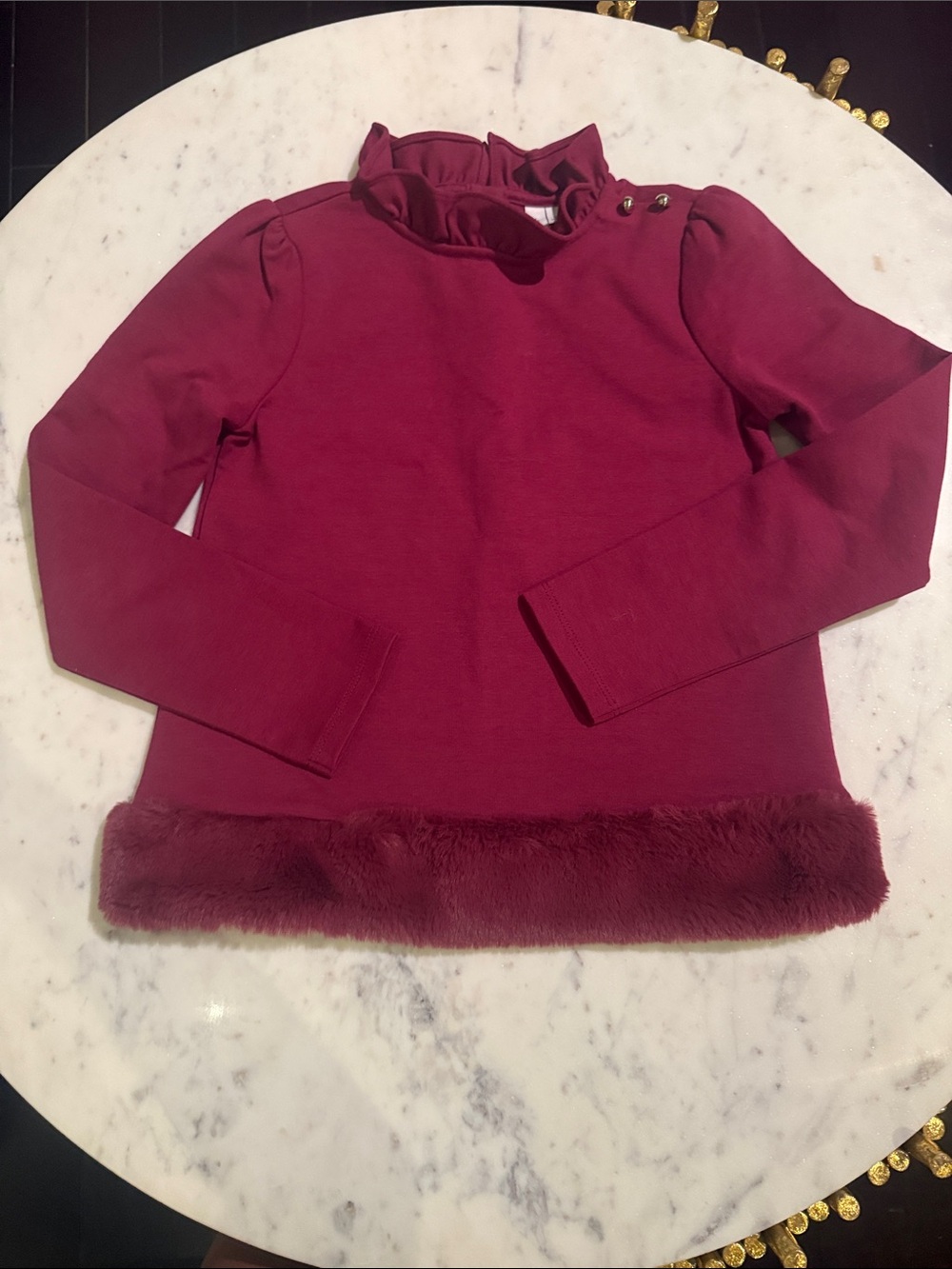 Janie and Jack Burgundy Ruffle Neck Long Sleeve Top with Faux Fur Trim